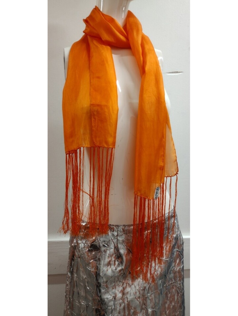 Vintage 1970s Silk Scarf Long Fringe Rich Orange Hippie MADE IN INDIA 100% SILK